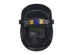 Top view of a black welding helmet with a blue adjustment knob.