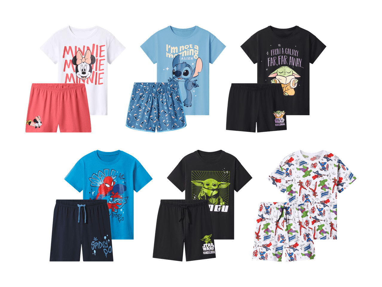 Sechs Pyjama-Sets für Kinder mit verschiedenen Motiven wie Minnie Maus, Stitch, Grogu, Spiderman und Avengers.