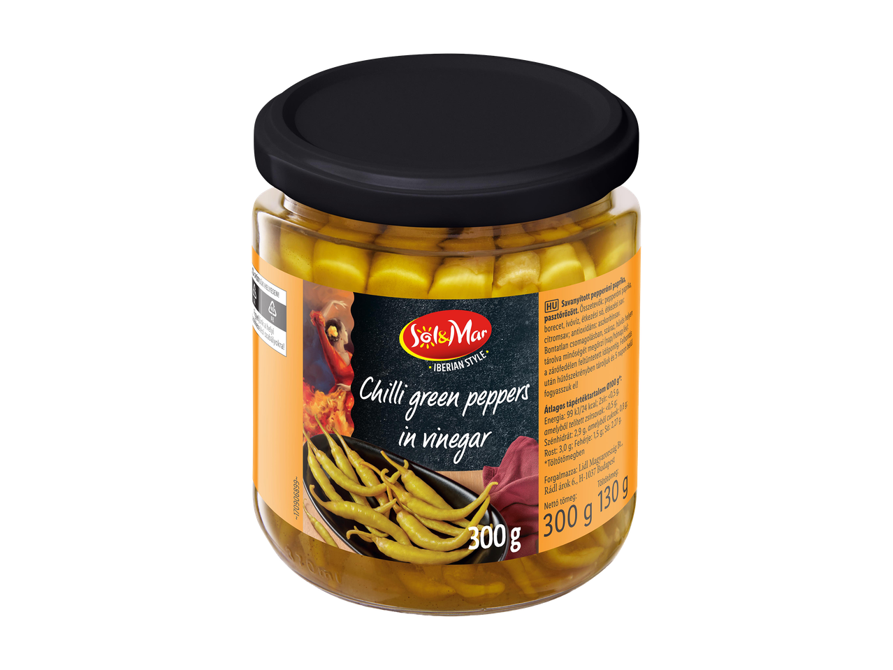 Üveges savanyított zöldpaprika, spanyol stílusú címkével, 300g nettó tömeggel.