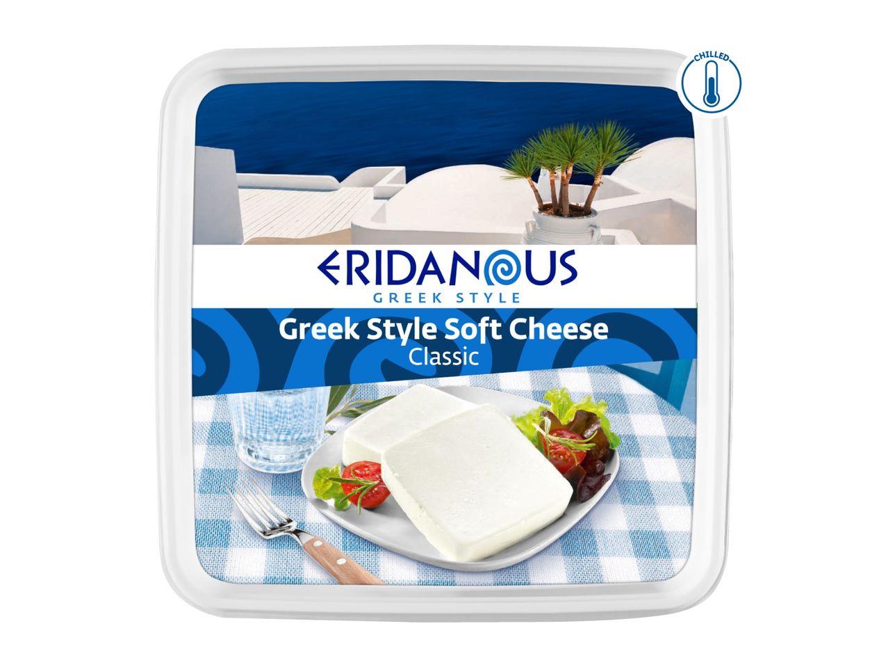 Greek-style soft cheese in a container, with a Mediterranean scene and a chilled icon.