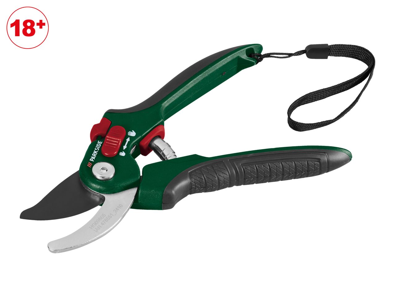 Green and black garden pruning shears with a red safety lock and a black wrist strap, marked 18+.