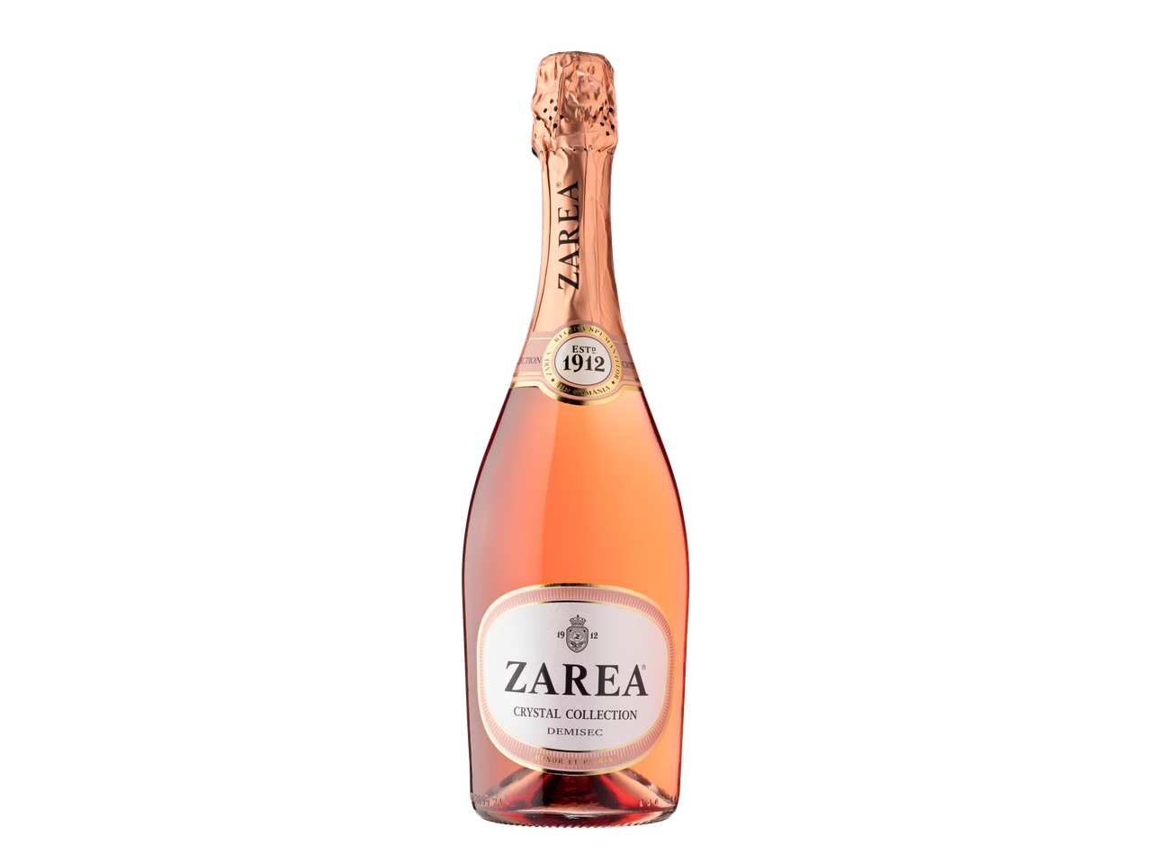 O sticlă de vin spumant Zarea Crystal Collection Demisec, de culoare roz.