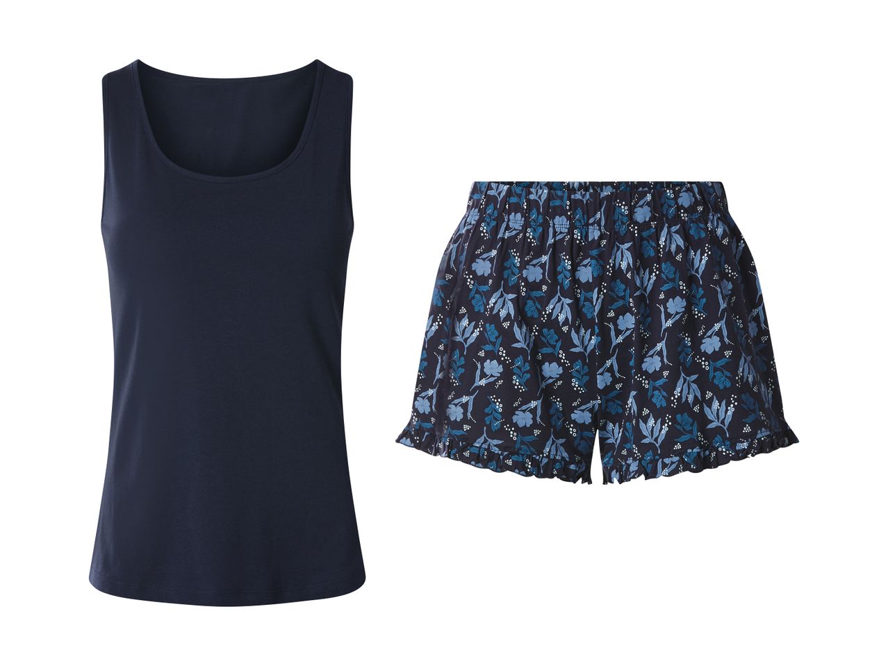Mørkeblå tanktop og mørkeblå shorts med blomstermønster.