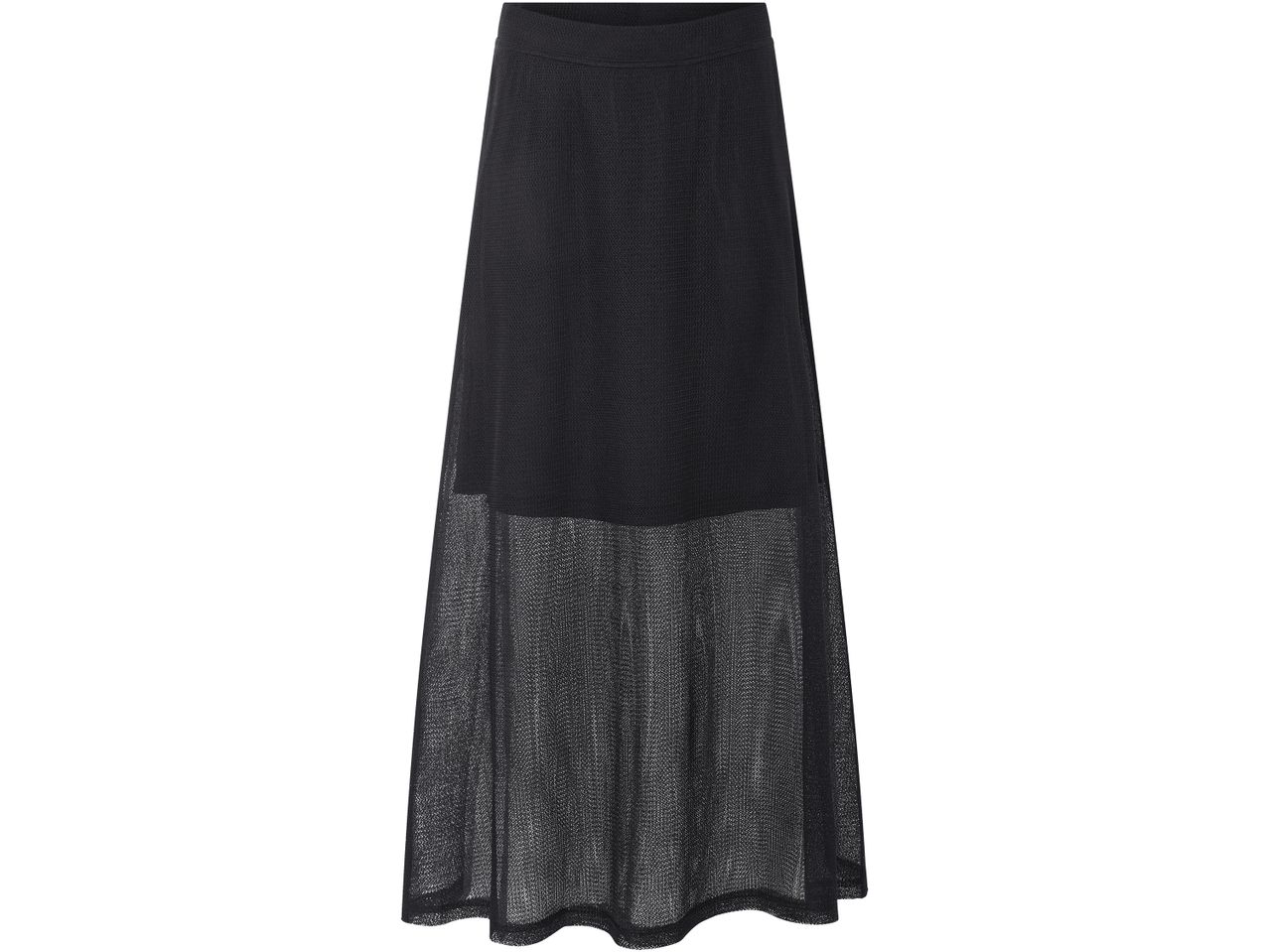 Black maxi skirt with a sheer mesh overlay.