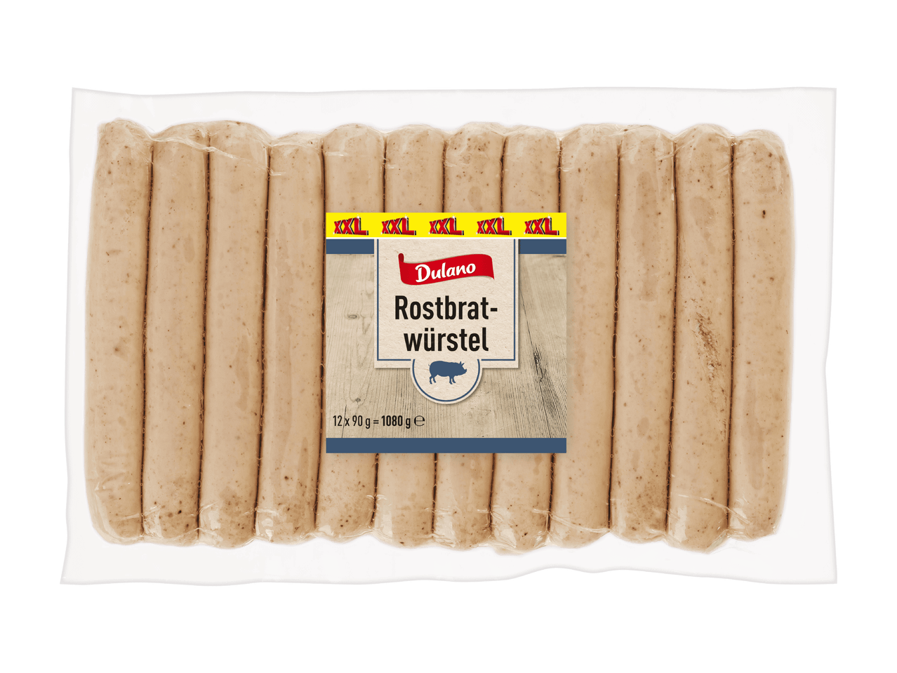 Pakkaus grillimakkaroita, jossa on 12 kappaletta, yhteispaino 1080 g.