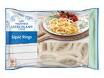 Frozen squid rings in Greek Island style packaging, with a serving suggestion and weight.