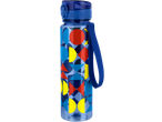 Blauwe drinkfles met kleurrijk geometrisch patroon en draagband.