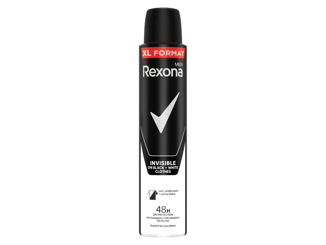 Rexona férfi dezodor, XL kiszerelésben, fekete-fehér ruhákhoz is láthatatlan.