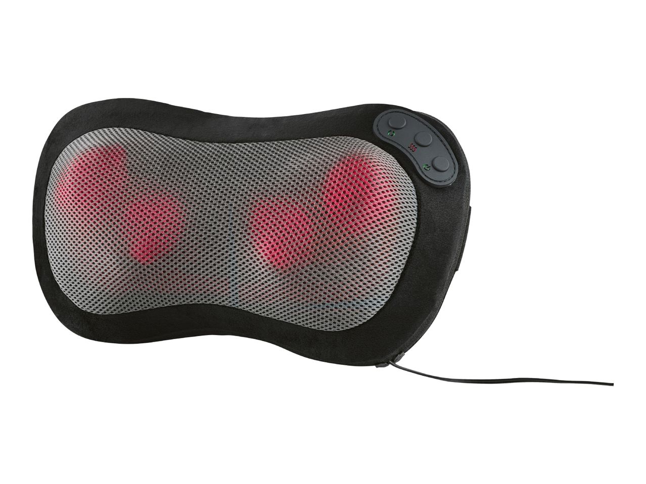 Black massage pillow with red illuminated massage nodes and control panel