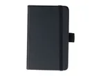 Closed black notebook with an elastic band closure and a pen loop.