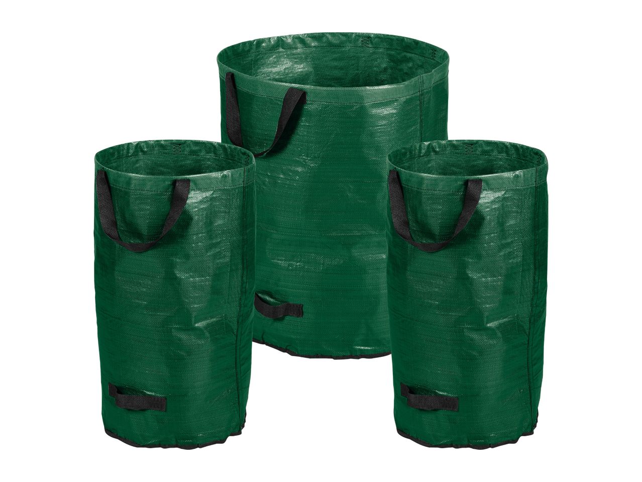 Three green garden waste bags in different sizes with carrying handles