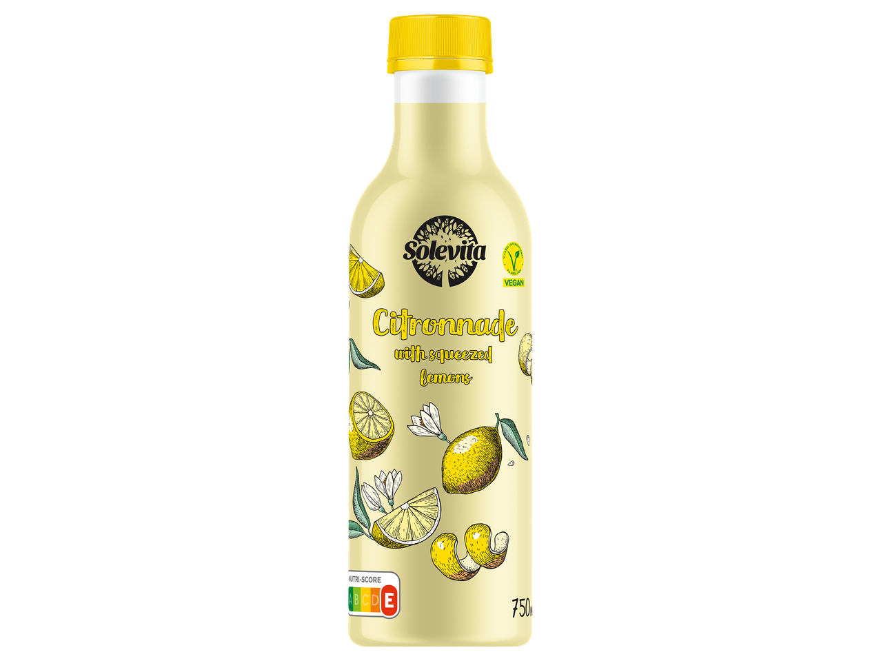 Bouteille de citronnade avec des citrons pressés, un Nutri-Score E et le label Vegan.