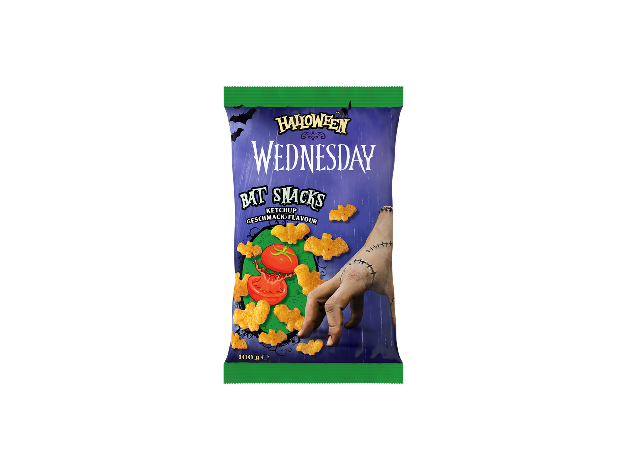 Halloween Wednesday Bat Snacks, ketchup flavored, with a zombie hand reaching for them.