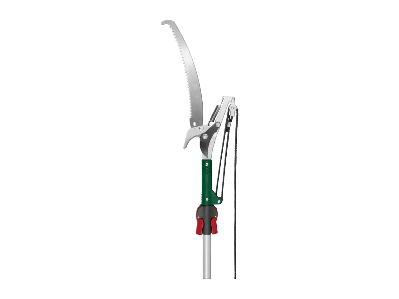 A pole saw and pruner attachment with a green handle and red locking mechanism.