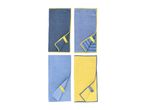 Four microfiber cleaning cloths in blue and yellow, with different textures and patterns.