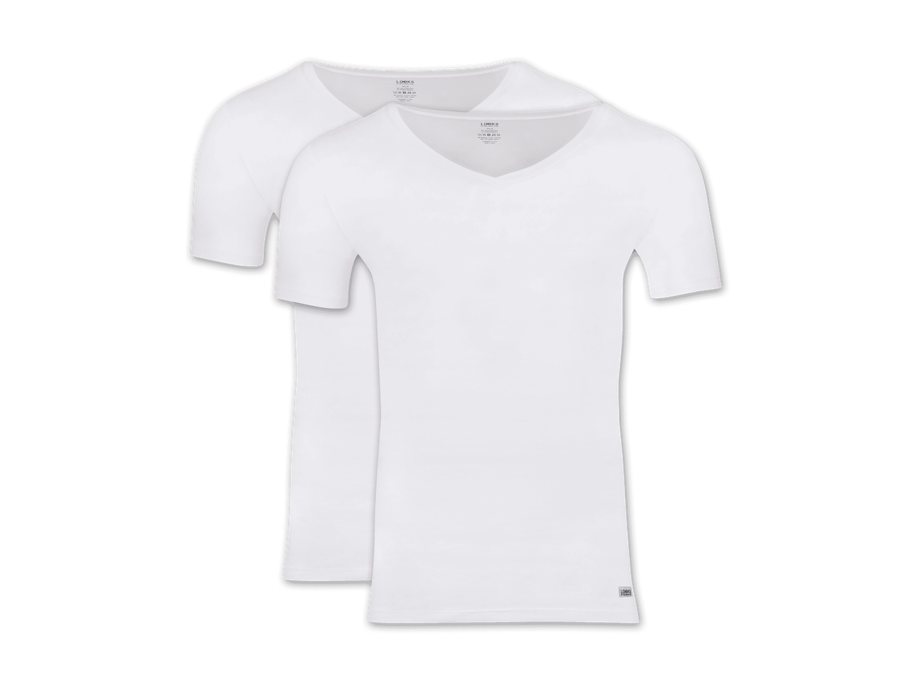 Zwei weiße V-Ausschnitt-T-Shirts, übereinanderliegend, mit Etiketten sichtbar.