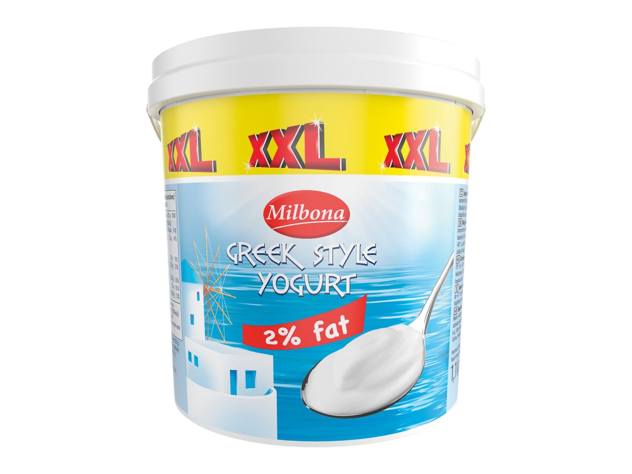 Kbelík řeckého jogurtu Milbona XXL s 2% obsahem tuku.