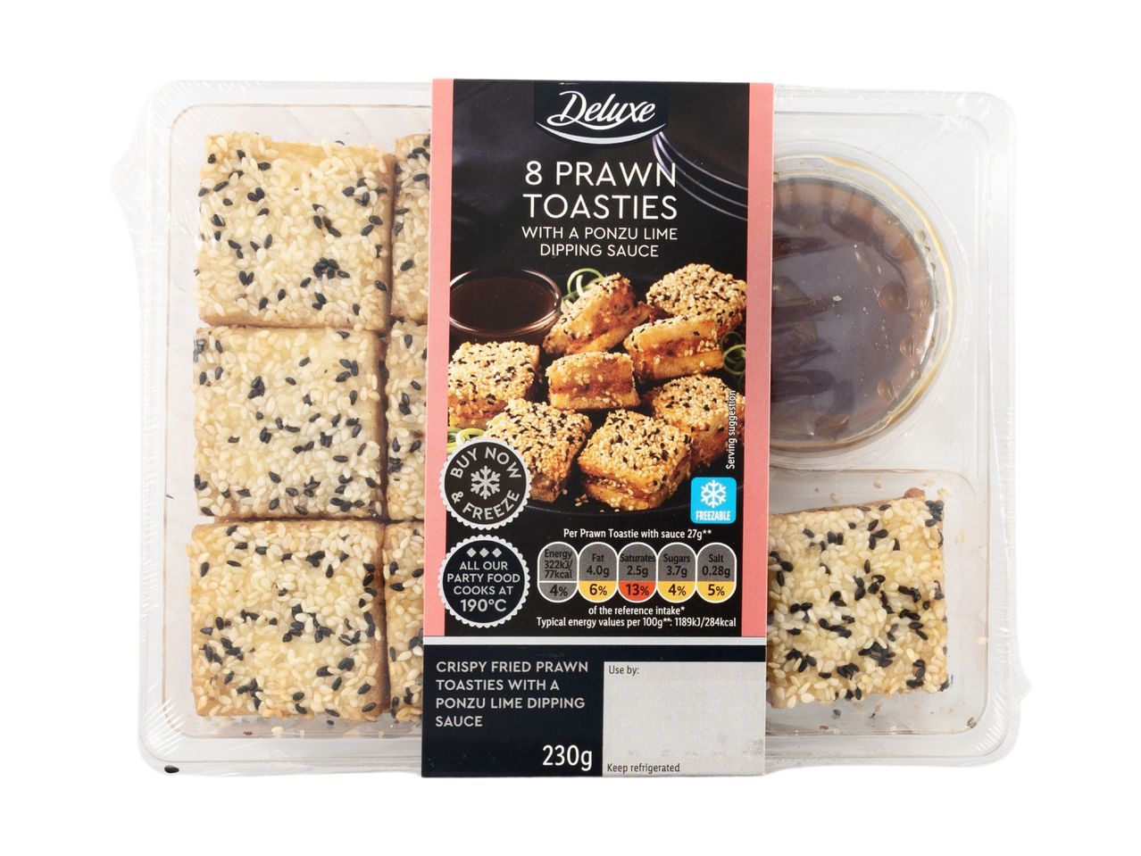 Deluxe 8 Prawn Toasties with Ponzu Lime Dipping Sauce in a clear plastic tray.