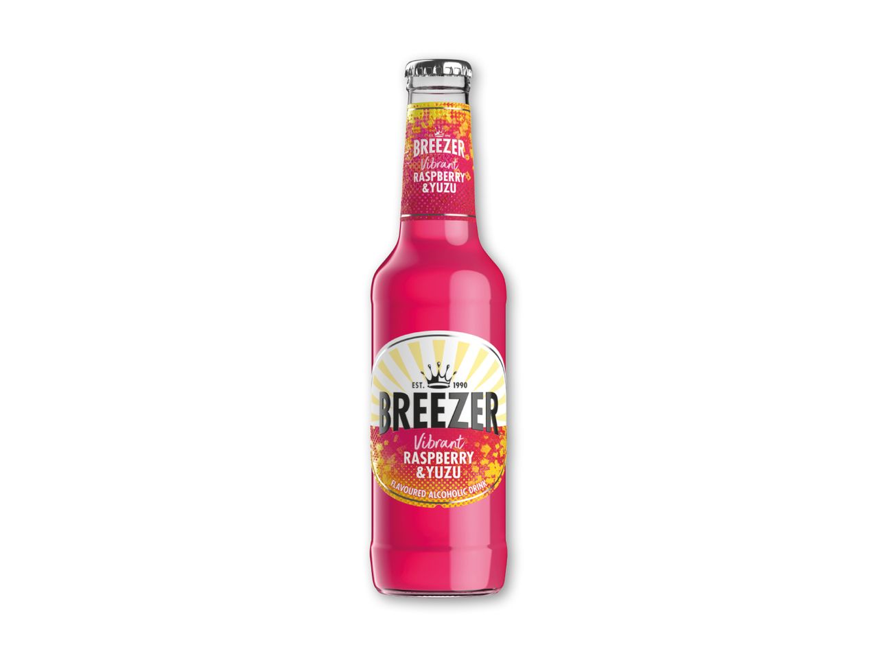 Pink flaske med en klar etiket, der angiver smagen 'Vibrant Raspberry & Yuzu'.