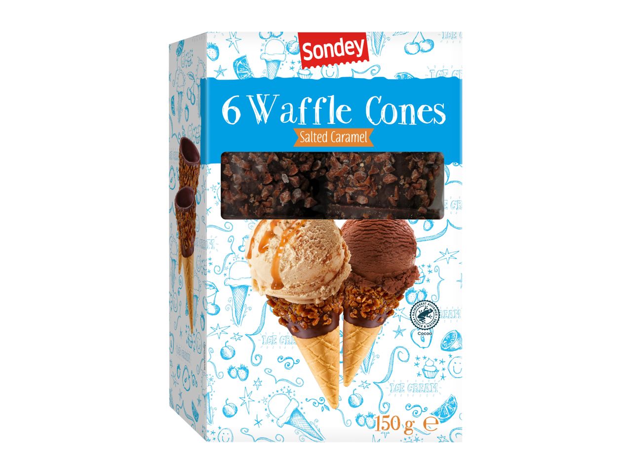 Box of 6 salted caramel waffle cones with ice cream scoops, featuring a Rainforest Alliance cocoa seal.