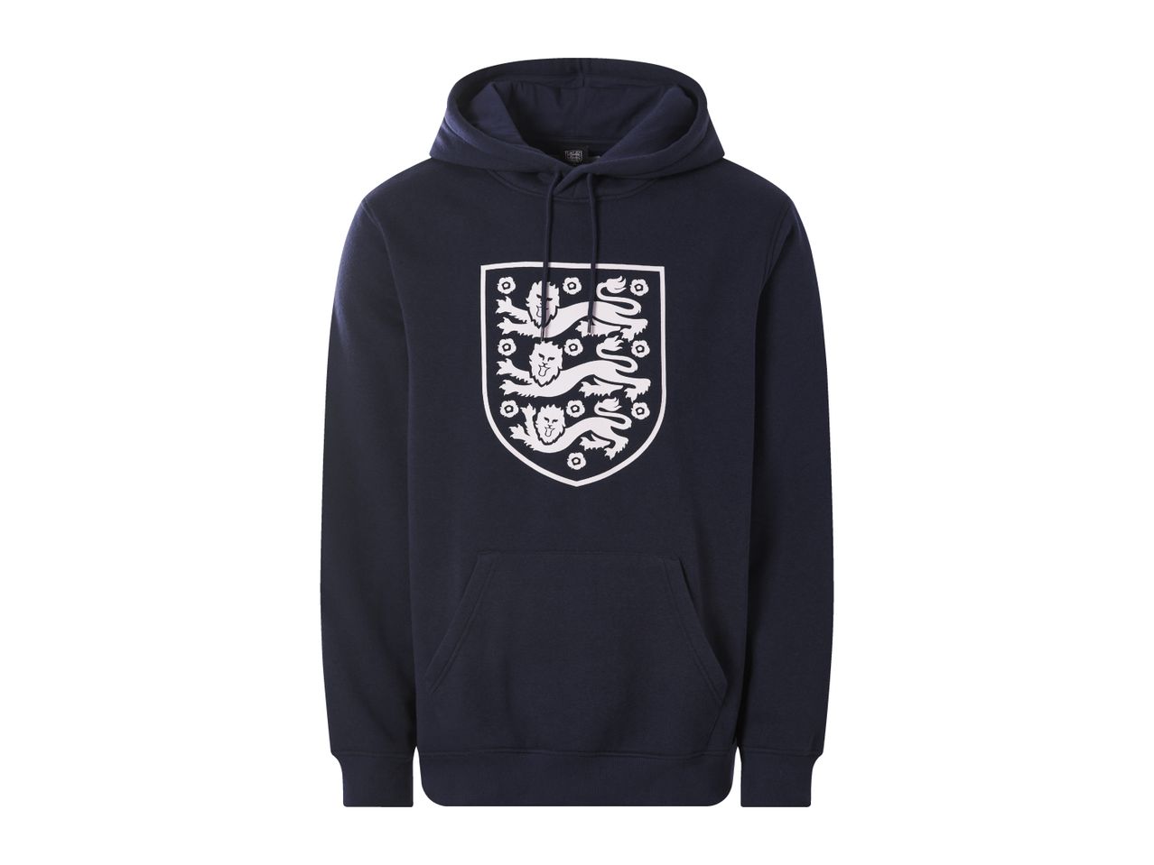 Navy blue hoodie with a white shield emblem featuring three lions and flowers.