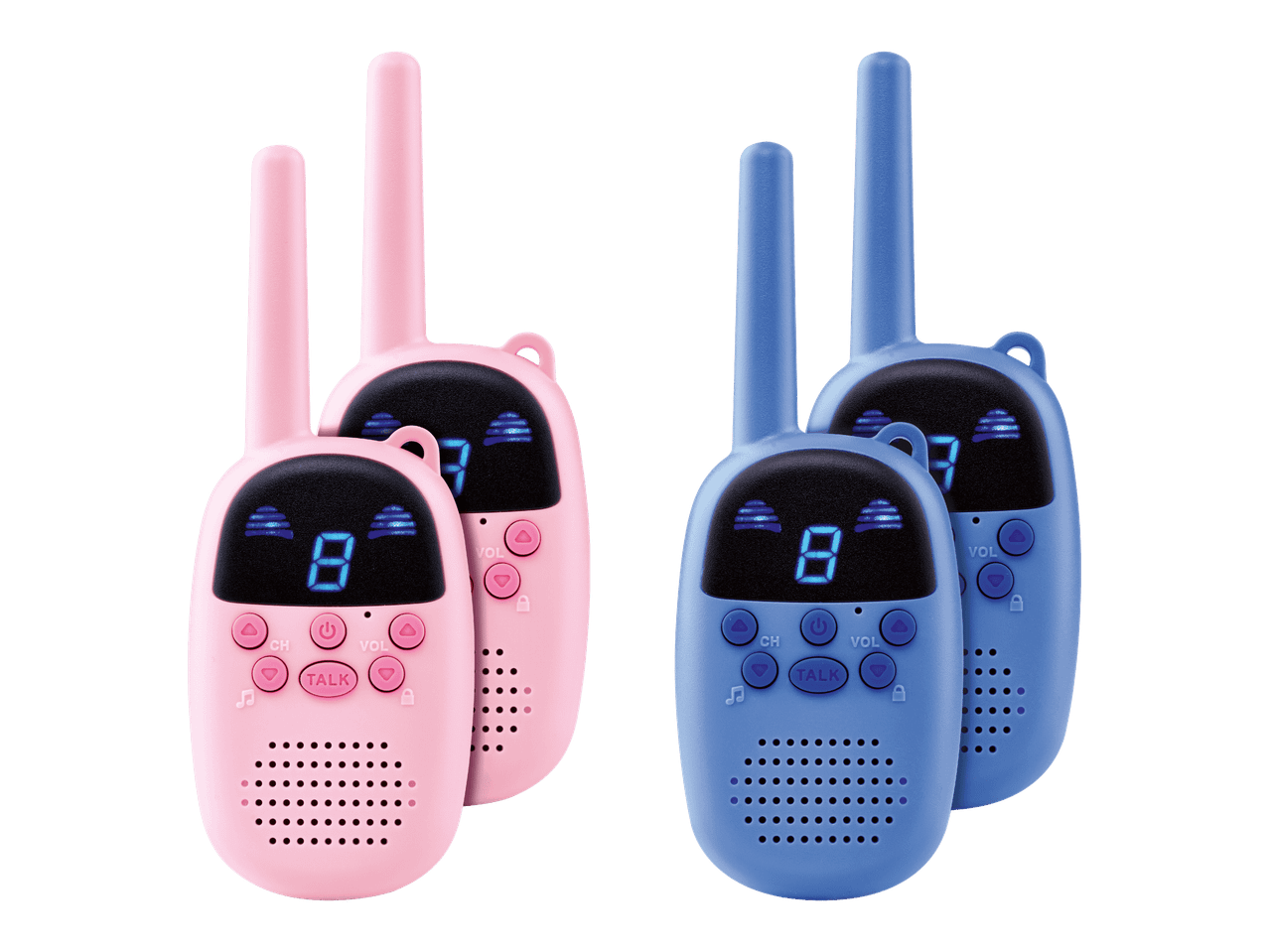 Kaksi vaaleanpunaista ja kaksi sinistä lasten radiopuhelinta