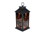 Black Halloween lantern with orange glass panels featuring jack-o'-lanterns