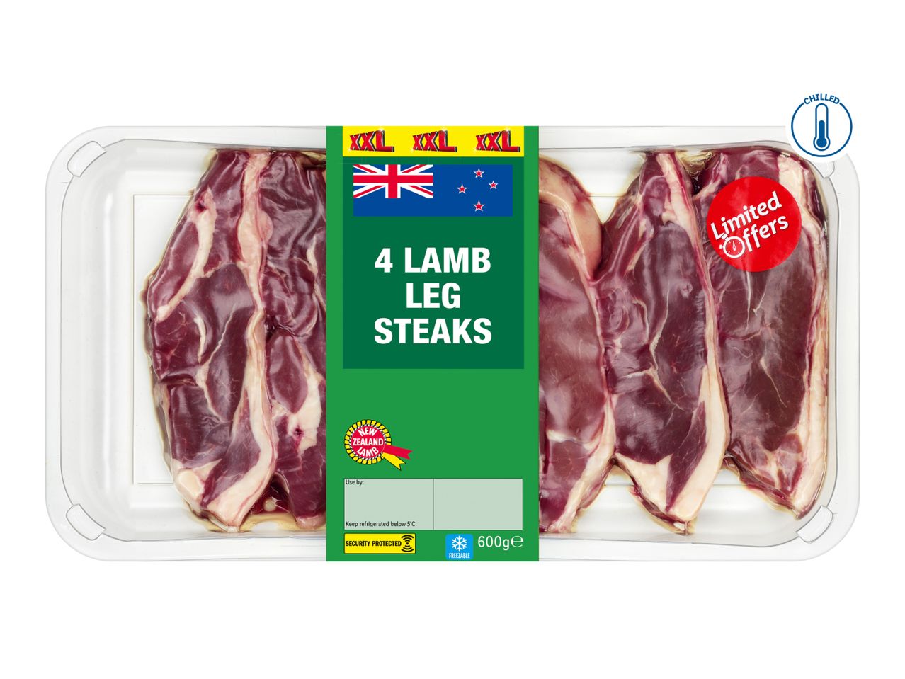 A tray of four lamb leg steaks with a green label indicating '4 Lamb Leg Steaks,' 'New Zealand Lamb,' 'XXL,' '600ge,' and 'Freezable,' with a red 'Limited Offers' sticker and a 'Chilled' icon.