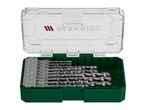 Drill bit set in a green case with a clear lid, showing various sizes from 3mm to 10mm.