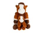 Two brown and white plush horse toys, a larger one with a smaller one in front.