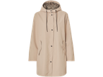 Beige raincoat with a leopard print lining and black buttons.