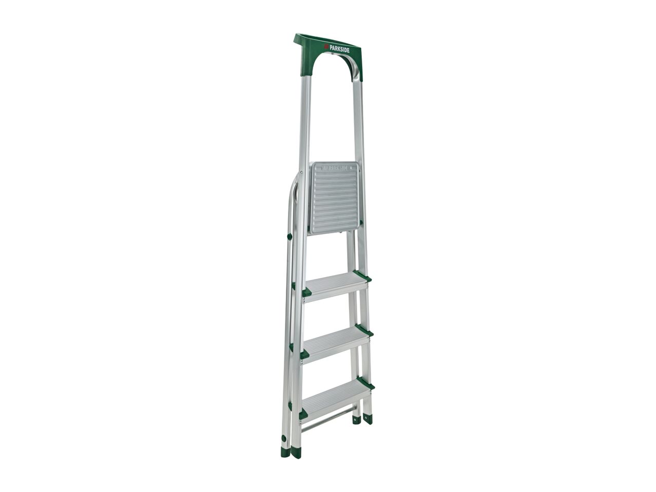 Aluminum stepladder with three steps and a green top handle.