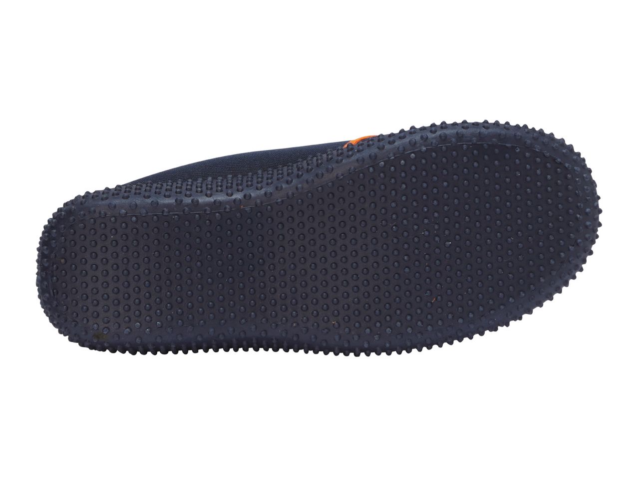 Bottom view of a dark blue water shoe with a textured sole.