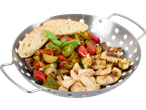 Tigaie GRILLMEISTER cu pui la grătar, legume și pâine.