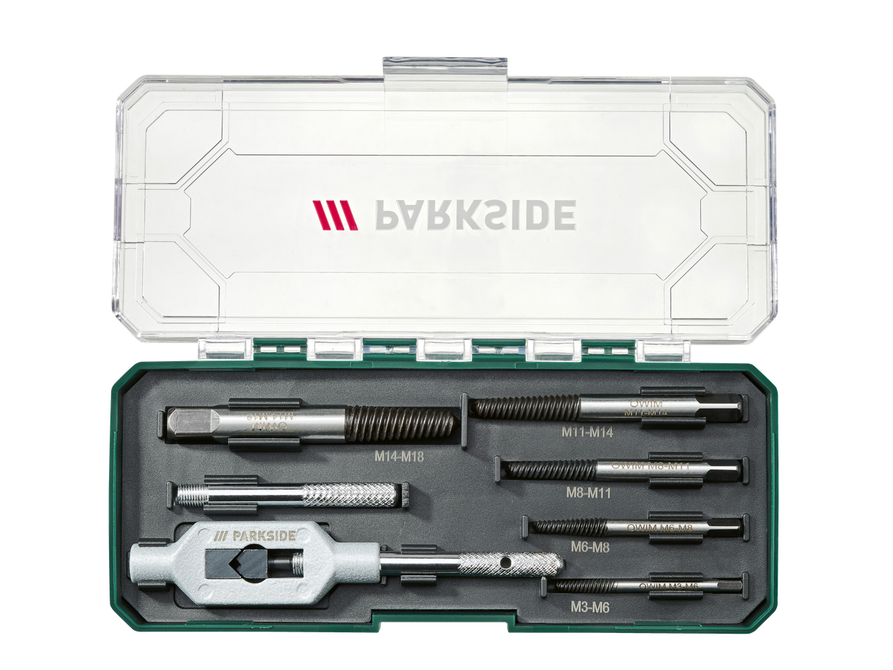 Parkside skrūvju ekstraktoru komplekts ar rokturi un dažādiem izmēriem (M3-M18) futrālī.