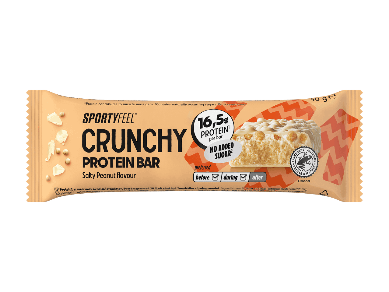 Barre protéinée croquante saveur cacahuète salée, 16,5g de protéines, sans sucre ajouté.