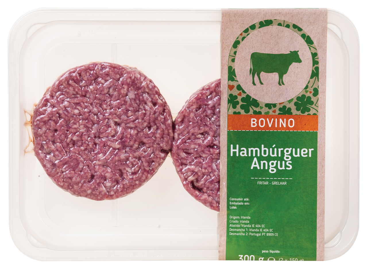Embalagem de dois hambúrgueres Angus bovinos prontos para fritar ou grelhar.