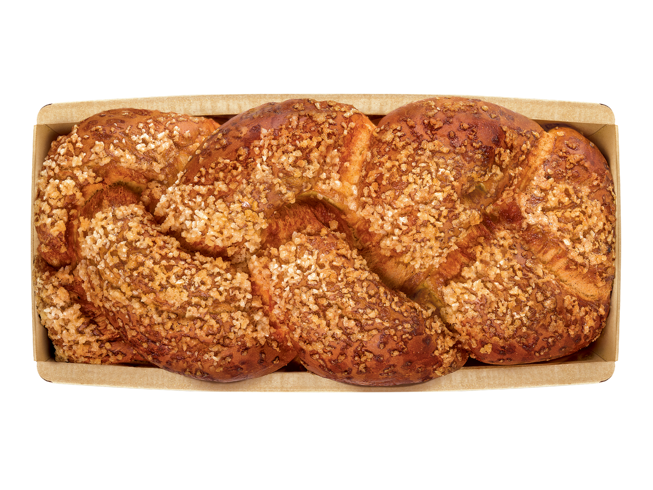 Плетена сладка питка с карамелизирана захар в картонена кутия.