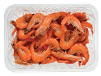 Bandeja de camarões cozidos.