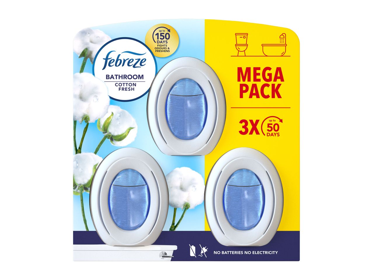 Febreze Bathroom Cotton Fresh air fresheners, a mega pack of three, lasting up to 150 days.