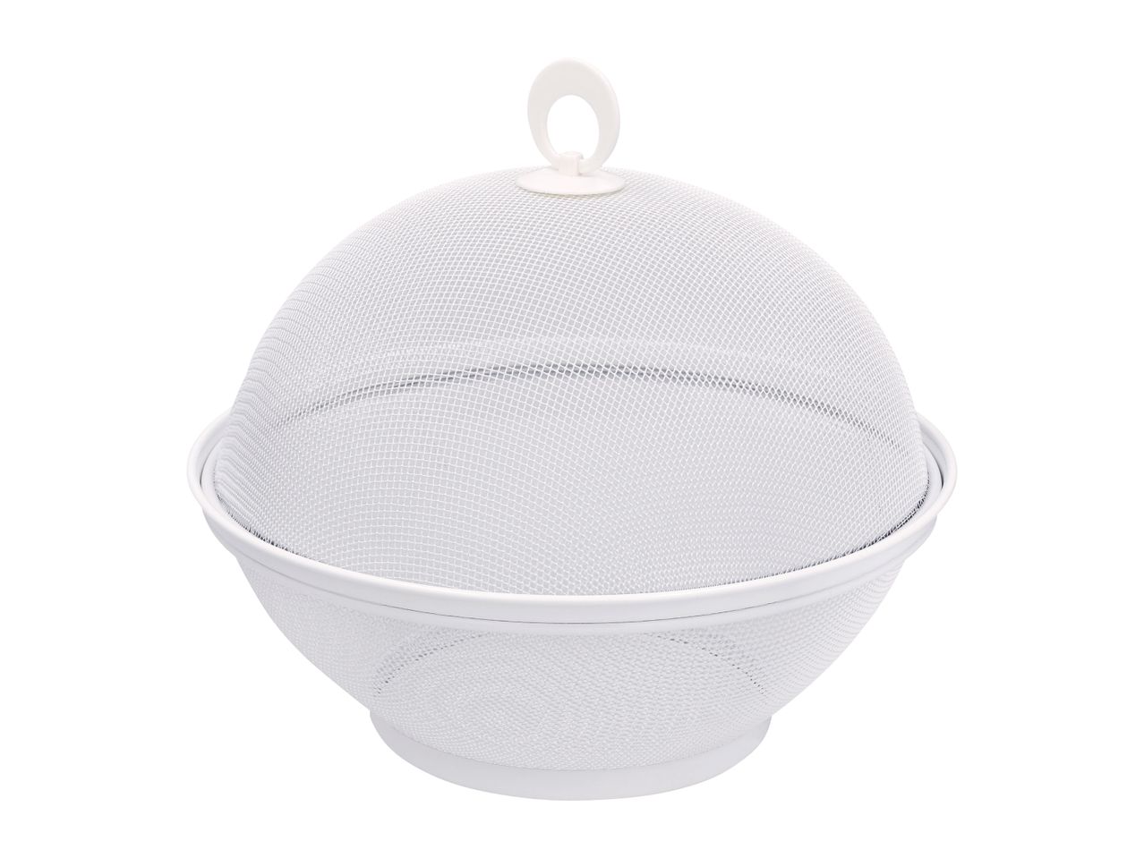 White mesh food cover with a handle, designed to protect food from insects.