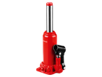 Piros hidraulikus emelő fekete háttér előtt, ezüst színű emelőkarral és fekete fogantyúval.