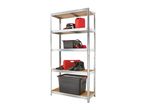 Metal shelving unit with various tools, safety gear, and storage boxes.
