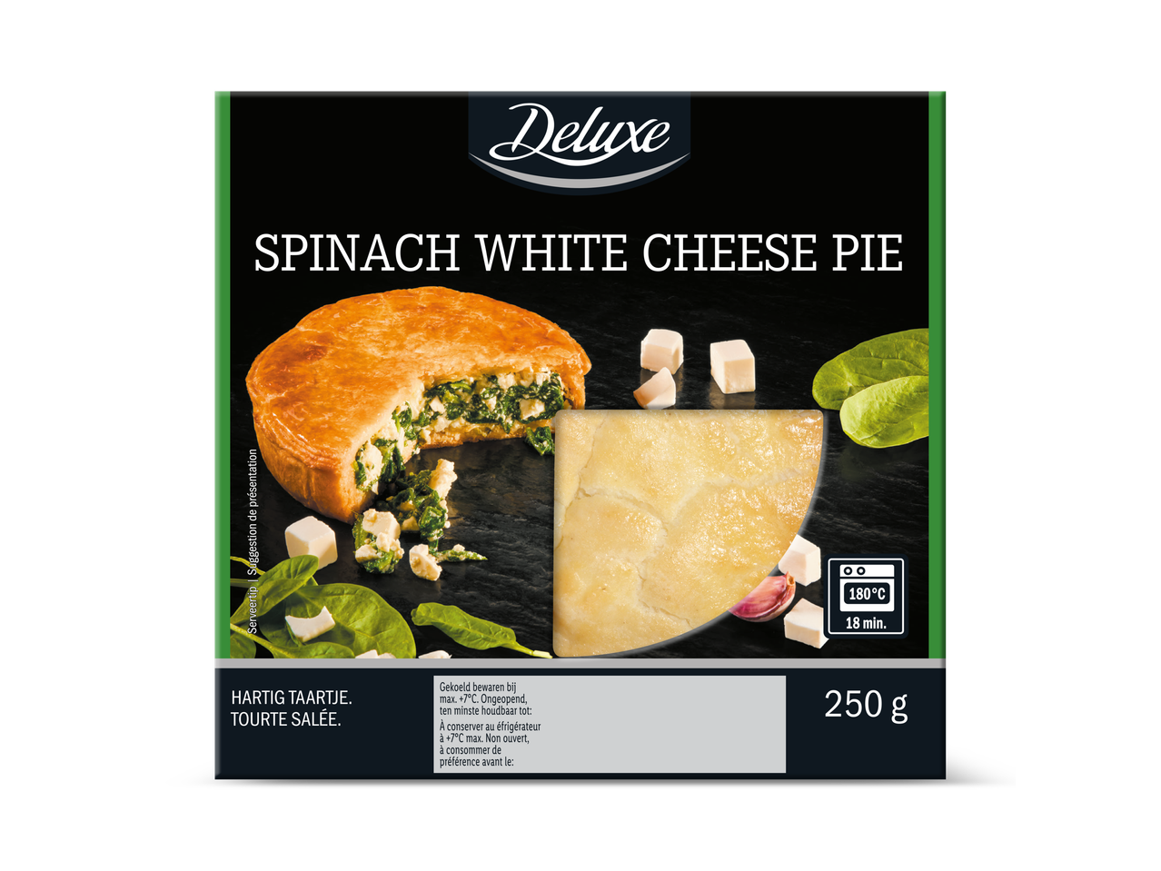 Deluxe Spinazie Witte Kaas Taart verpakking met kookinstructies en gewicht.