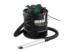 A 1200W ash vacuum with a black barrel and green motor unit, featuring a hose and nozzle.