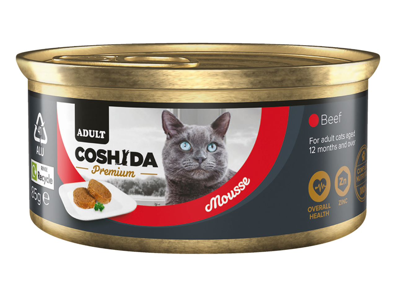 Coshida Premium Beef Mousse cat food for adult cats, 85g can.