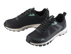 Black and grey trail running shoes with green accents and textured soles