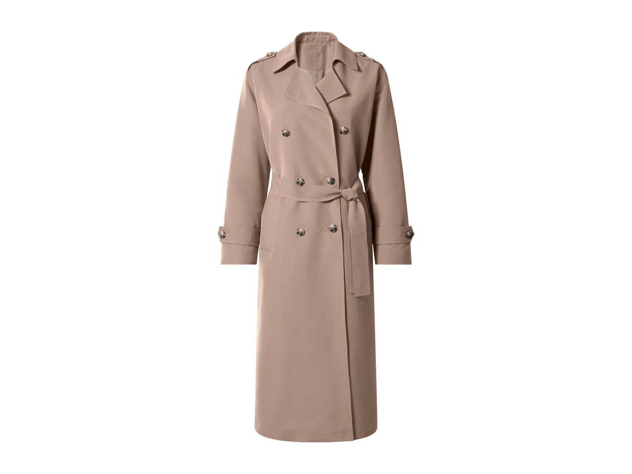 Long beige trench coat with a double-breasted front, belted waist, and button details.