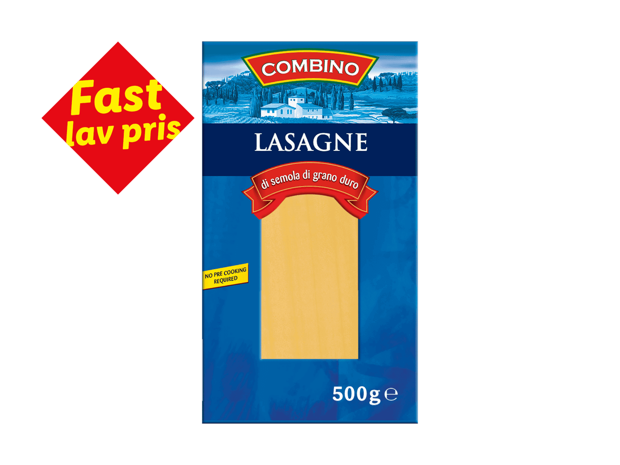 Pakke med lasagneplader med teksten 'Fast lav pris' og '500g e'.