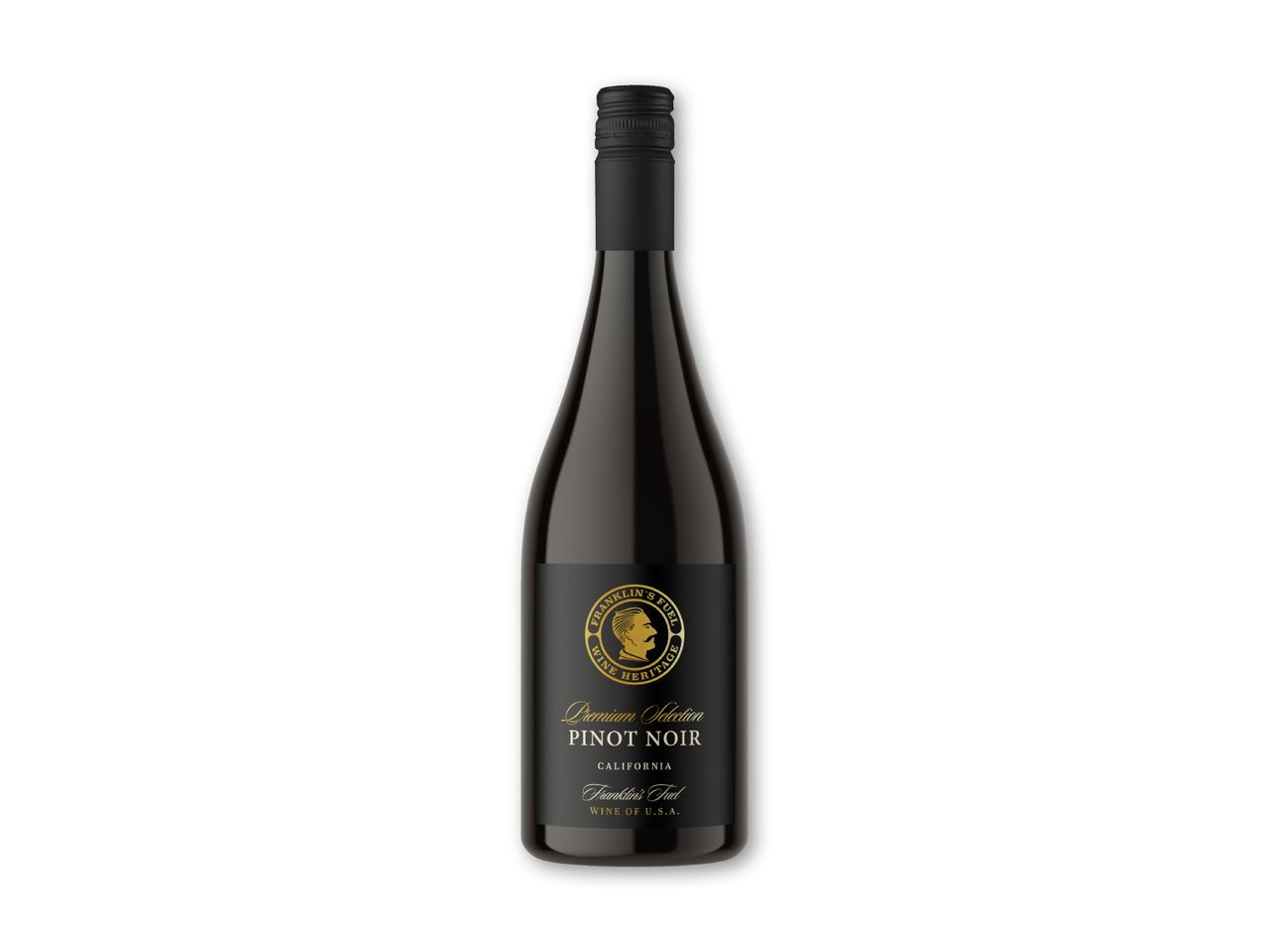 Mørk vinflaske med en sort etiket, der viser en guldmedaljon med et mandeansigt og teksten 'Pinot Noir'.